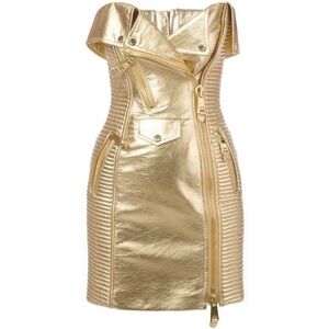 Moschino Couture Lambskin Gold Metallic Women's Halter Mini Dress 38
